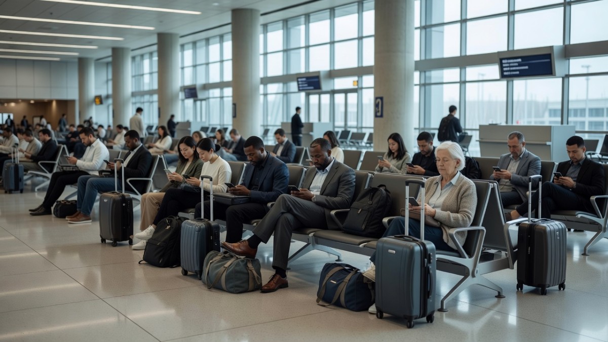 Travelers waiting with luggage near departure gates inside a busy airport terminal