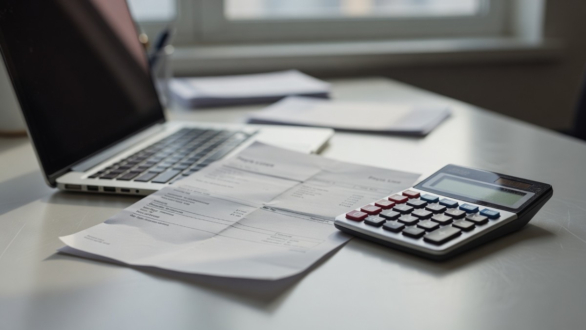 Payslip and calculator on a desk: workers are urged to check their pay against minimum wage rates