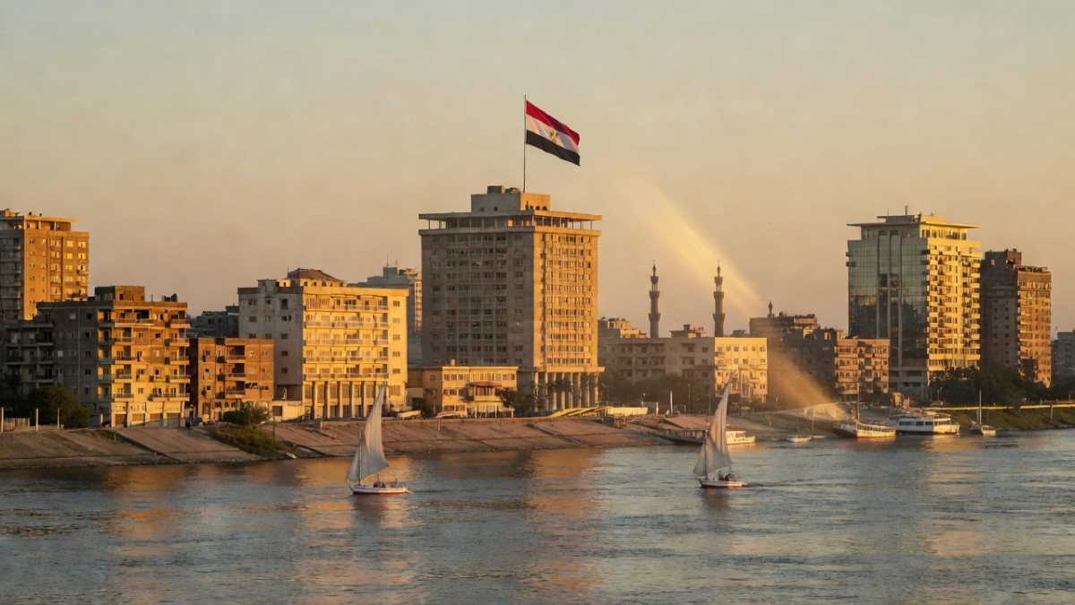 Cairo skyline along the Nile at golden hour