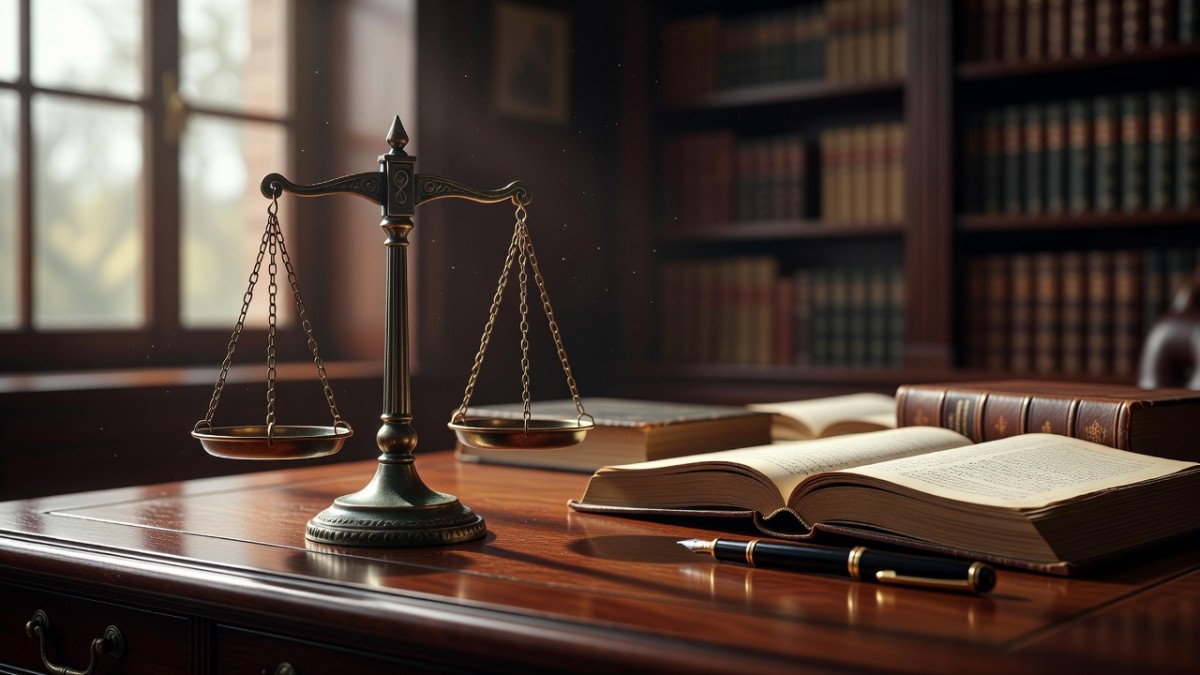 Scales of justice on a lawyer's desk in a legal office