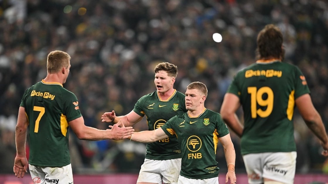 Springboks players celebrate their series-clinching 29-24 victory over the All Blacks