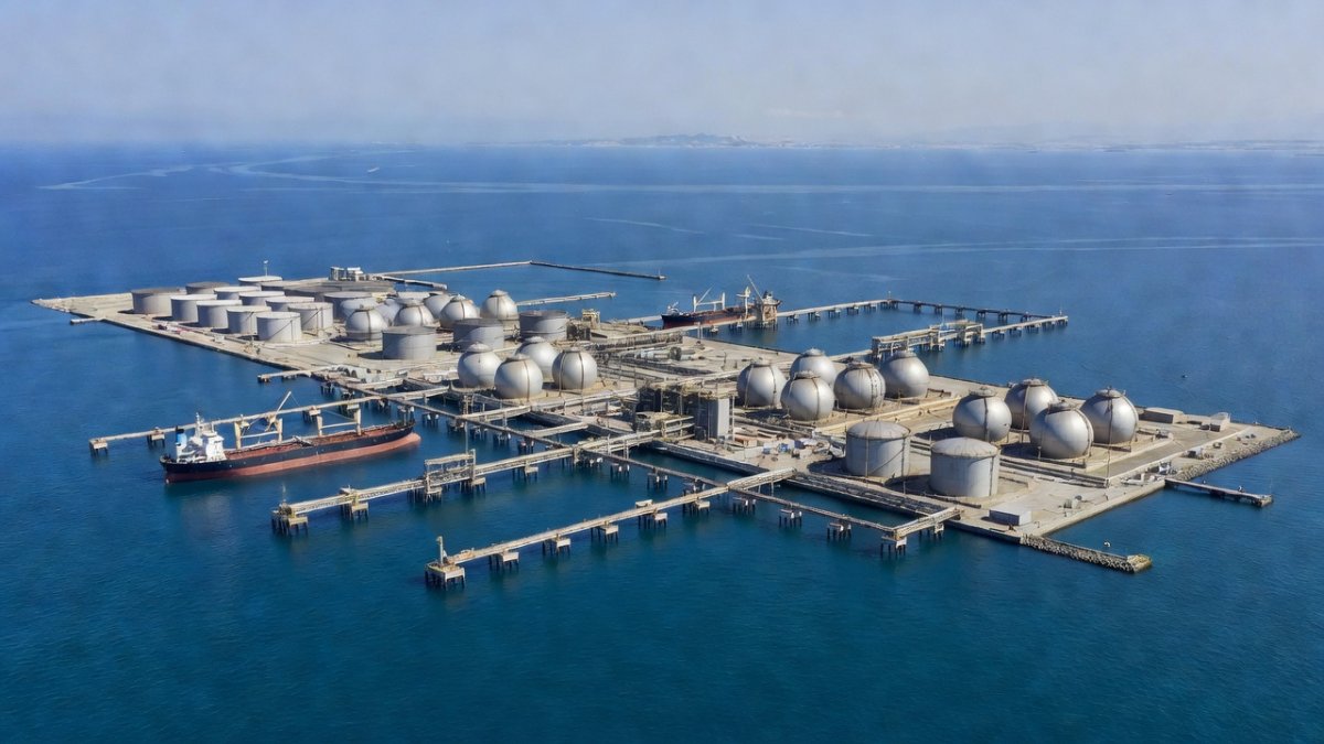 Aerial view of an offshore oil terminal island in the Persian Gulf with storage tanks and loading jetties