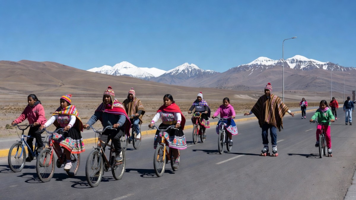 Families ride bicycles and walk through El Alto, Bolivia on National Pedestrian Day