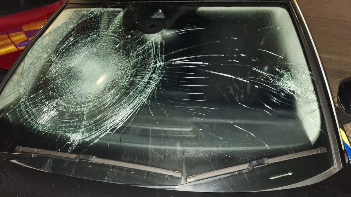 Damage to the windscreen of a police vehicle at the scene of the far-right protest in Portsmouth
