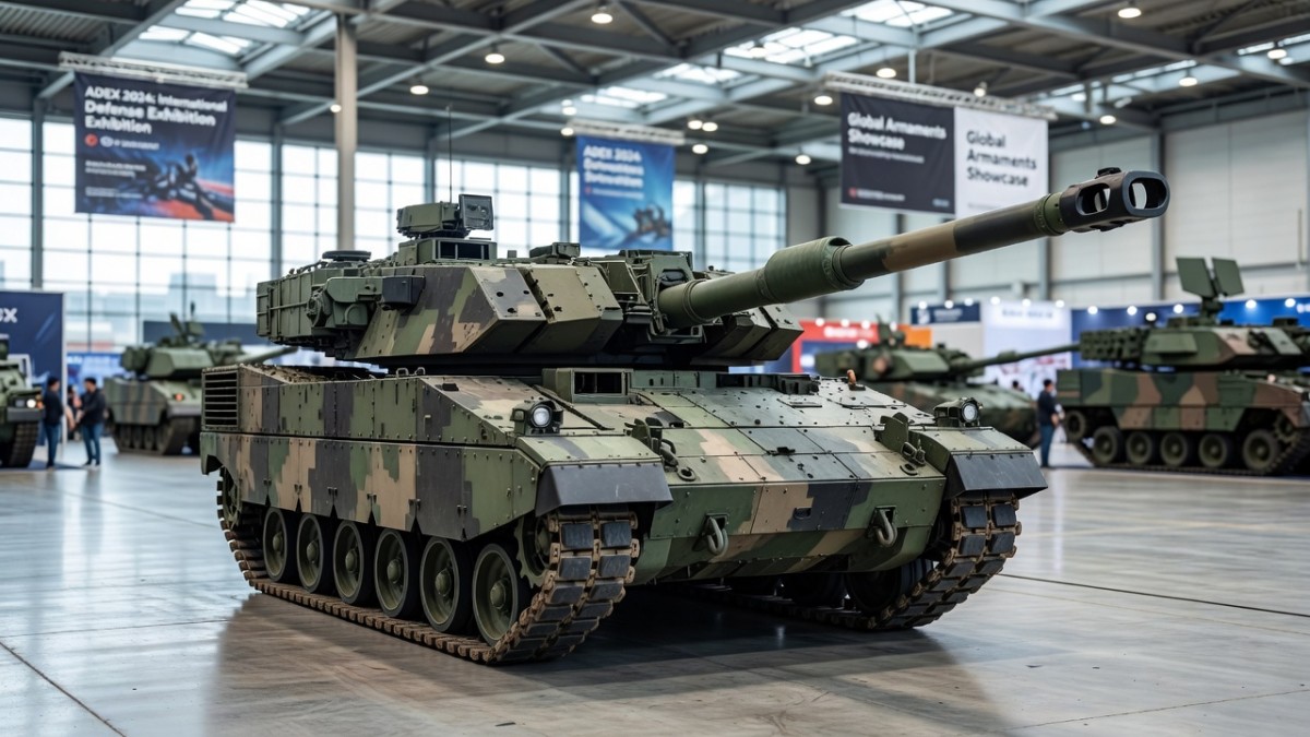 A South Korean K9 self-propelled howitzer at a defense exhibition; Hanwha Aerospace signed an export contract with Spain’s Indra Sistemas in August 2026