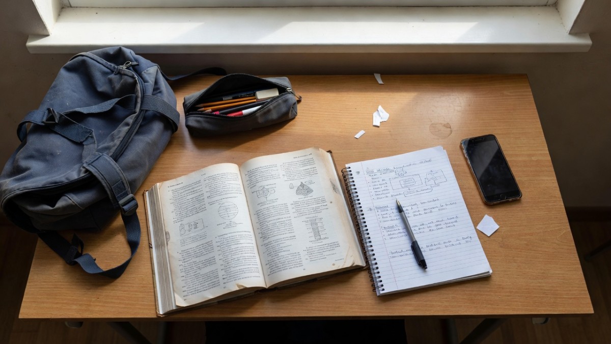 A student's desk with an open book, notebook and a smartphone in natural daylight