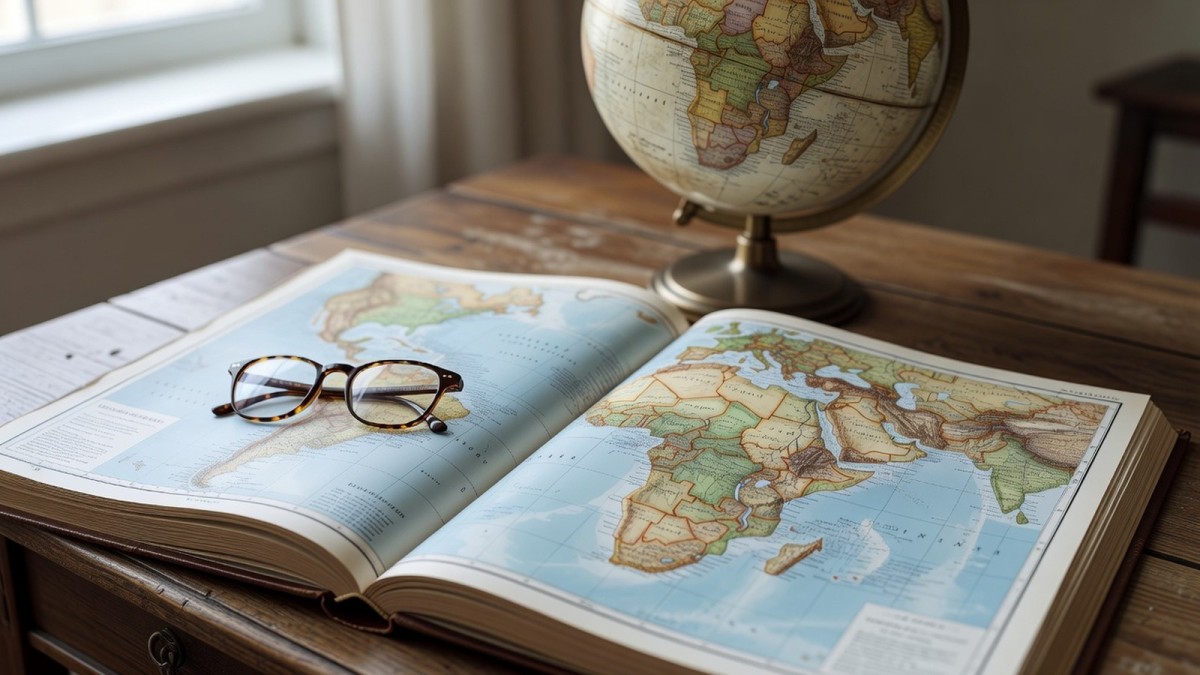 An open world atlas and globe showing the Equal Earth projection, which depicts continents at their true relative sizes