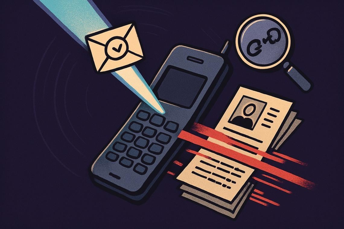 An illustration depicting a fraudulent data request, identity documents and a locked account