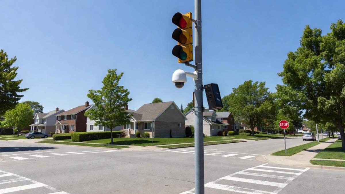 A Canadian traffic intersection equipped with 360-degree cameras and licence plate recognition technology similar to Brampton’s 50-intersection network