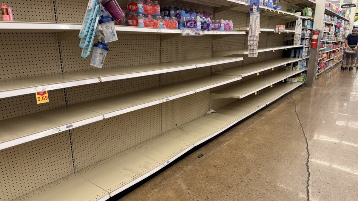A nearly empty bottled water aisle at a Wichita grocery store on September 16, 2026. Photo: KSN viewer via KSNW