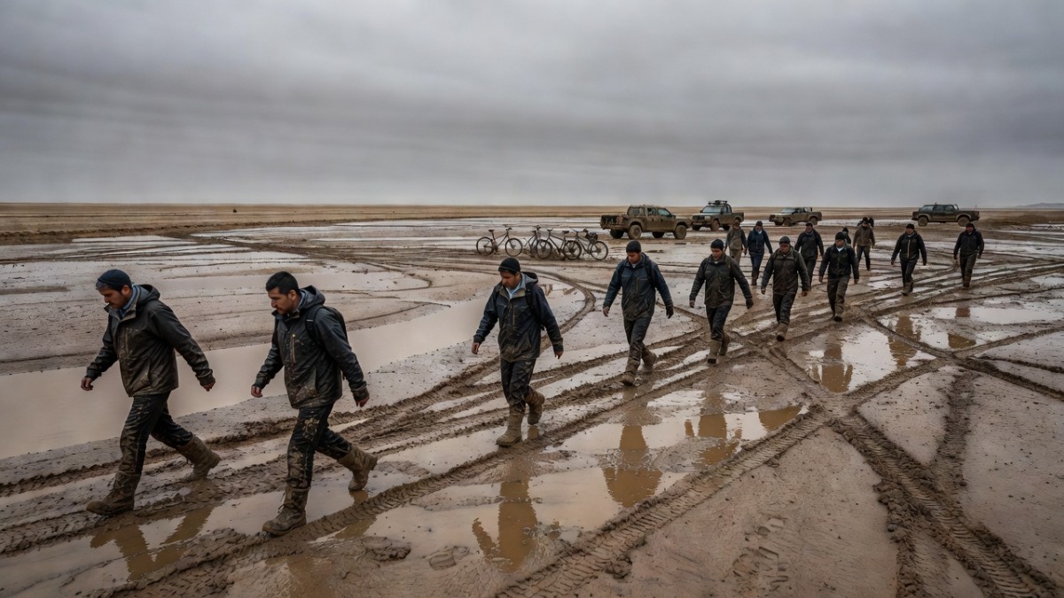 Attendees walk through rain-soaked mud on the playa after showers closed Burning Man gates