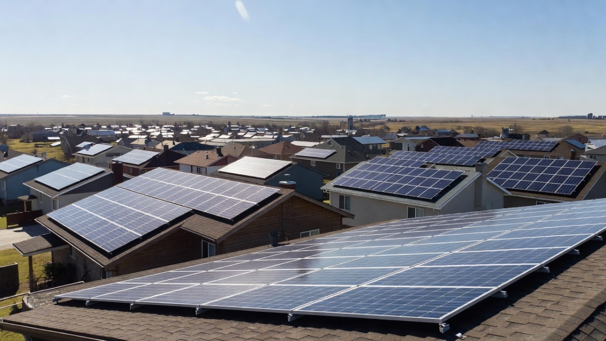 Solar panels installed on residential rooftops in Alberta, where a new $14 per-panel recycling eco-fee and landfill ban take effect Oct. 1, 2026