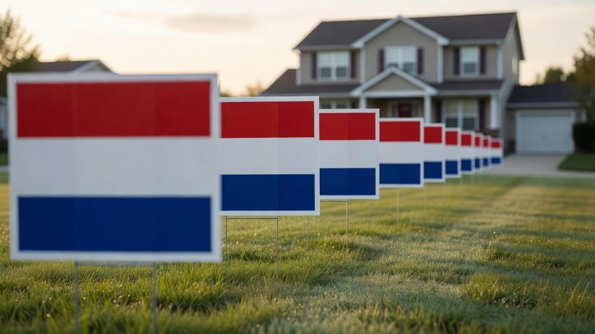 Campaign yard signs on a suburban lawn in Ohio