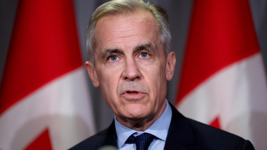 Canadian Prime Minister Mark Carney speaks in Ottawa after announcing dollar-for-dollar retaliatory tariffs on US goods (Source: ABC News)