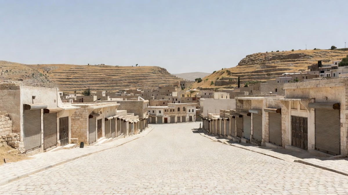 A street of limestone buildings in a Palestinian hill city in the occupied West Bank