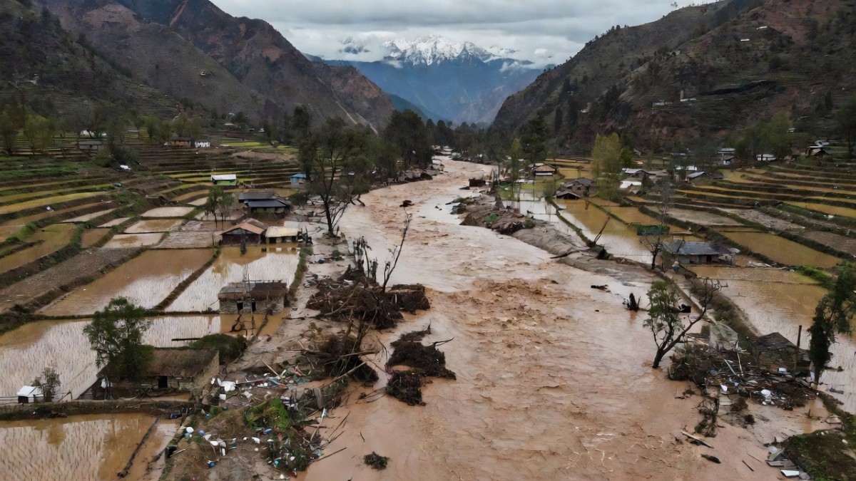 Aerial view of floodwaters from Nepal flowing into Bihar river systems