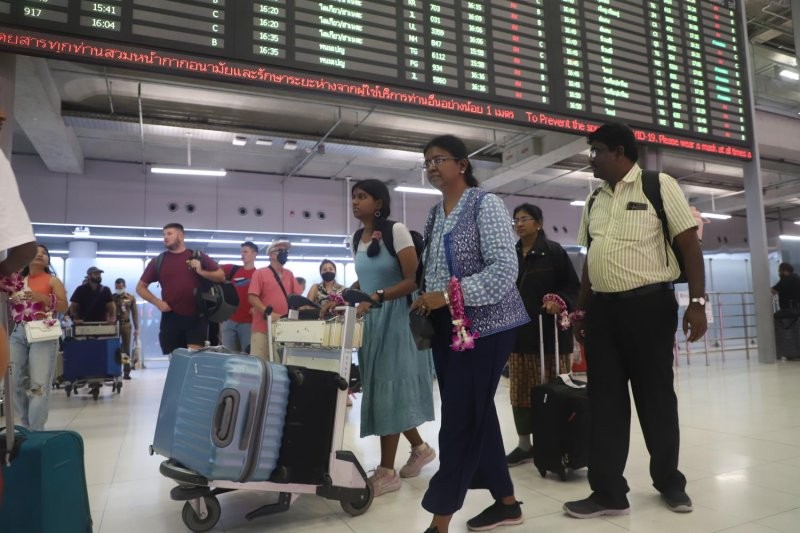 Indian tourists arrive at Suvarnabhumi Airport in Bangkok amid a sharp drop in arrivals from India in August
