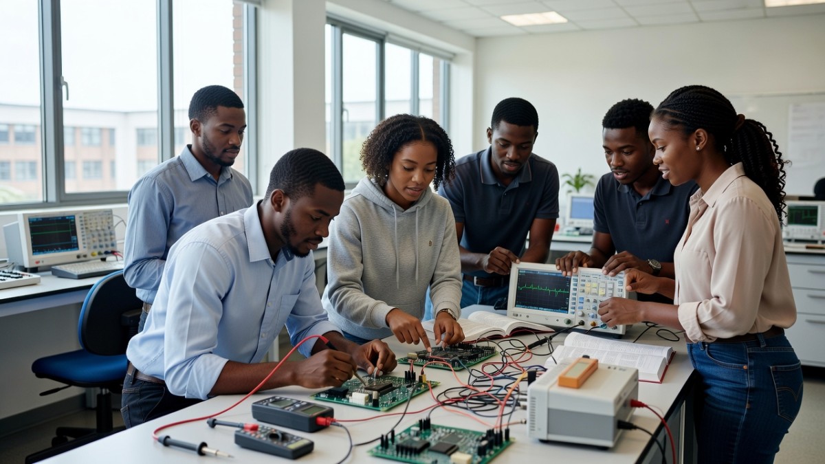 Engineering students working in a modern university laboratory