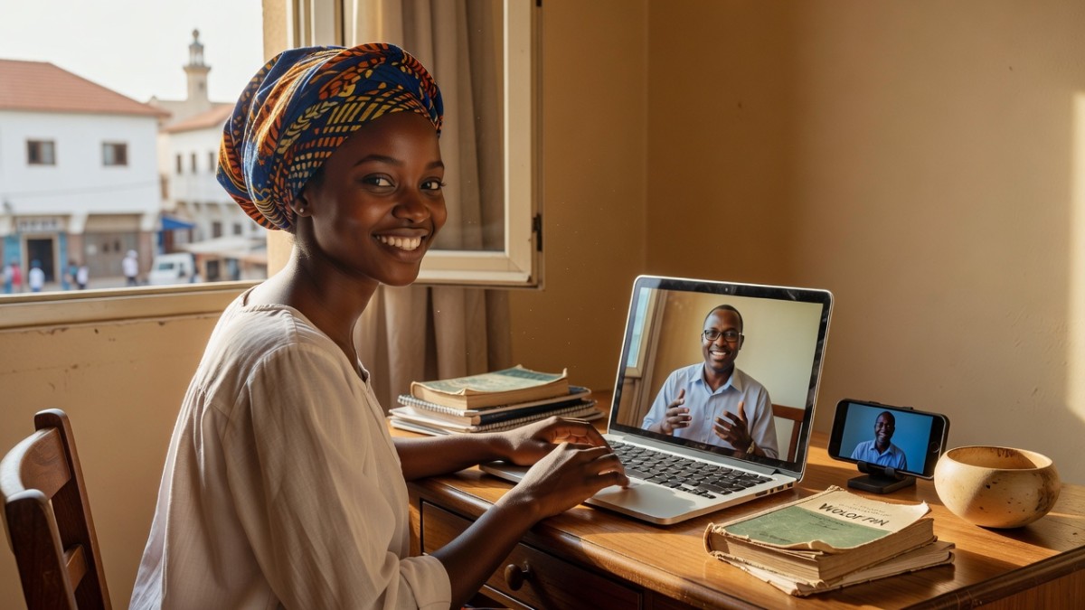 A young woman in Dakar takes part in an online African-language lesson, part of a digital revival of mother tongues