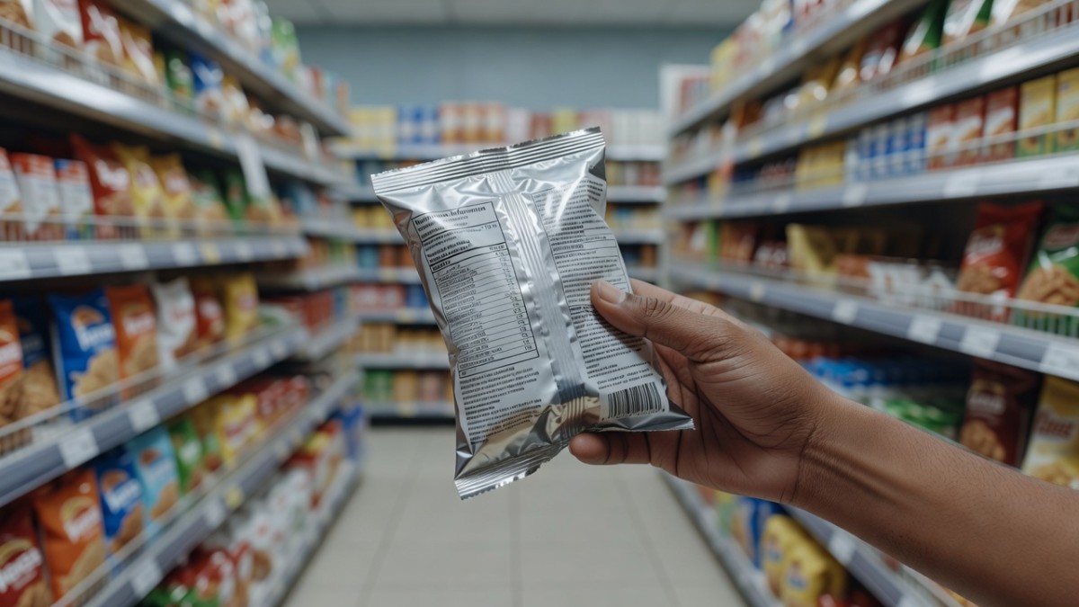Indian consumer examines a packaged snack product in a supermarket aisle