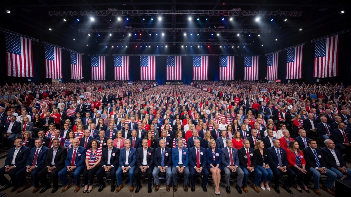 Delegates and supporters fill the convention hall during the Republican Party’s first-ever midterm convention in Dallas