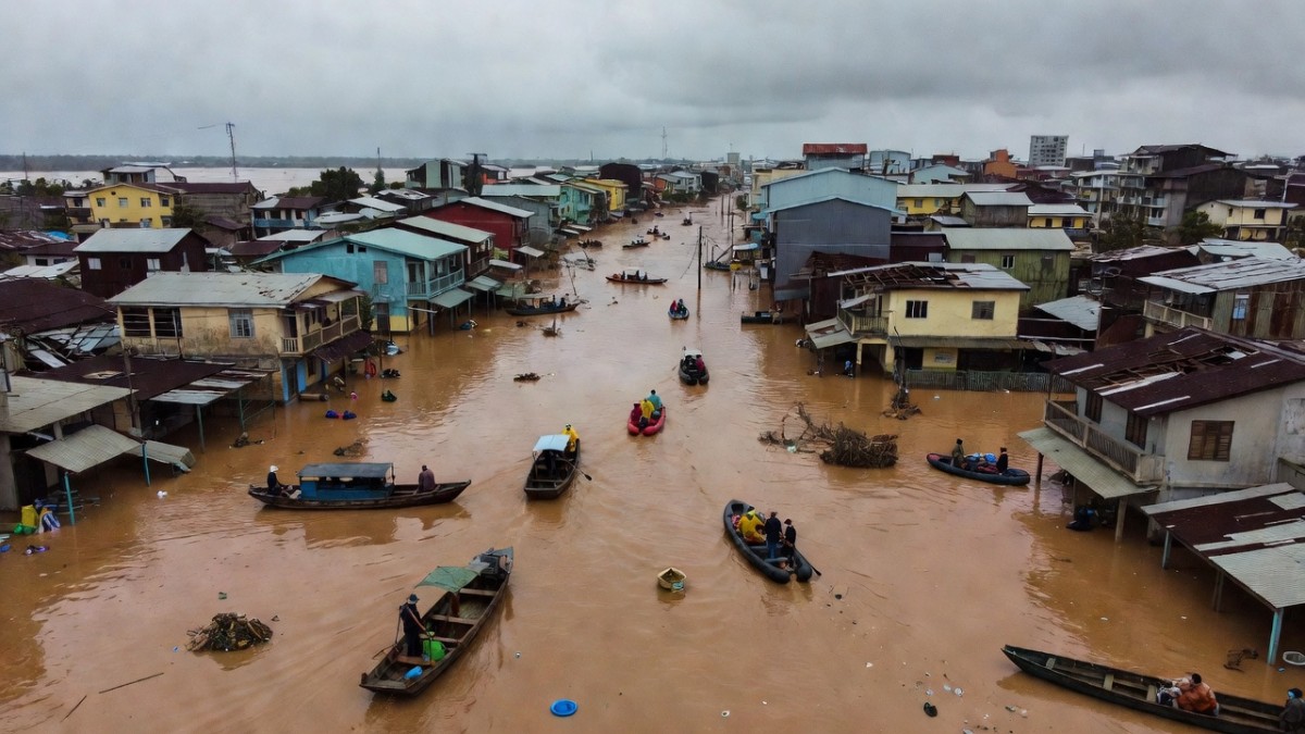 Aerial view of floodwaters after a typhoon in a Southeast Asian town