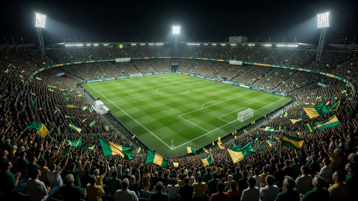 A packed football stadium at night with green and gold flags in the stands