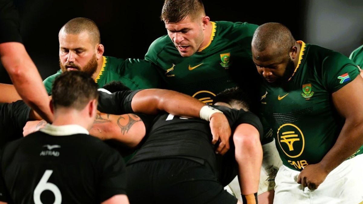 The Springboks pack down against the All Blacks during the Rugby Championship series