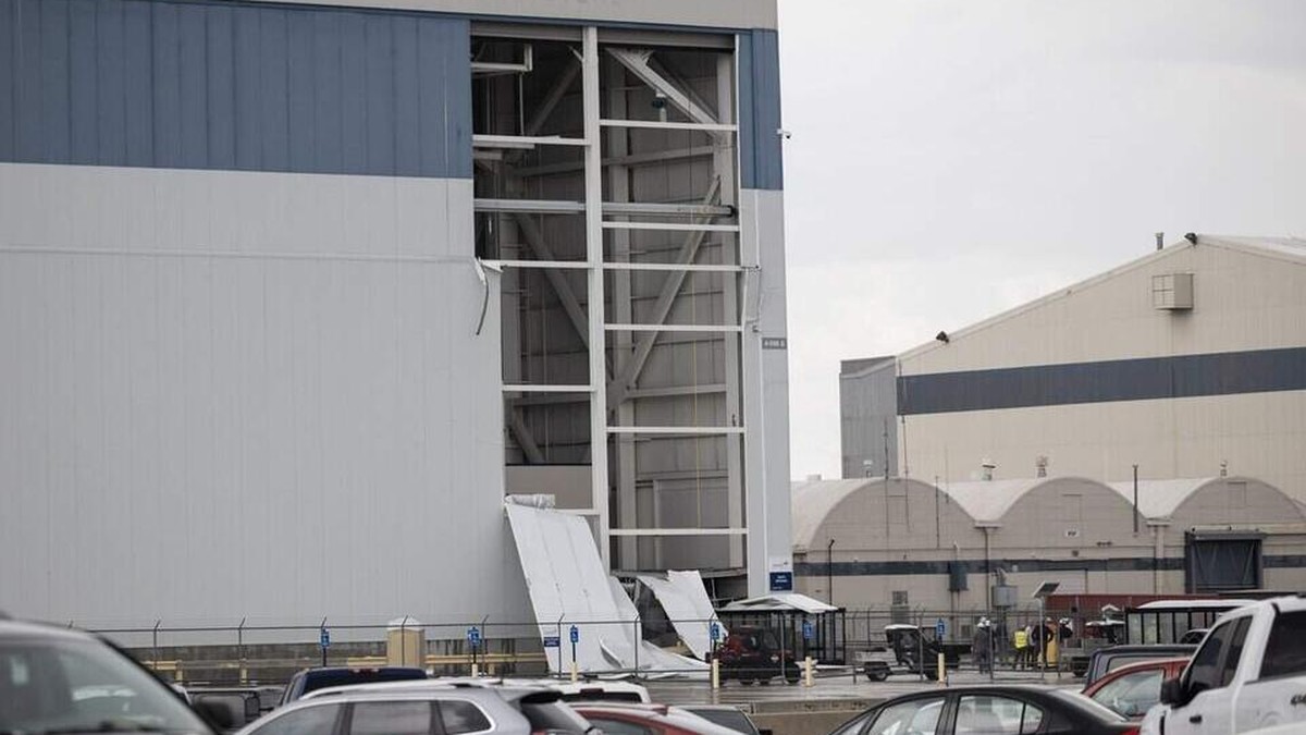 Storm damage at the Boeing Wichita campus, where a 70-foot section of wall collapsed during a downburst on September 15, 2026. Photo: Travis Heying/The Wichita Eagle