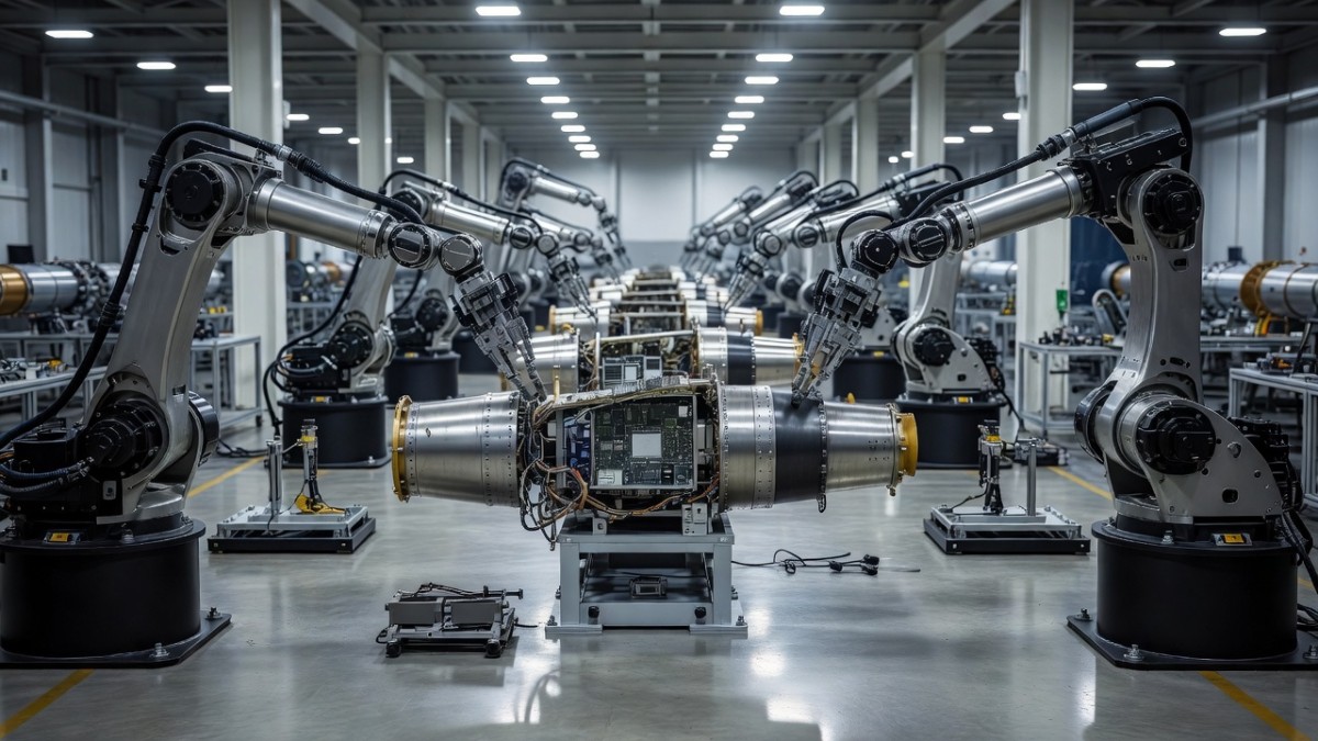 Automated production line inside a modern missile manufacturing facility