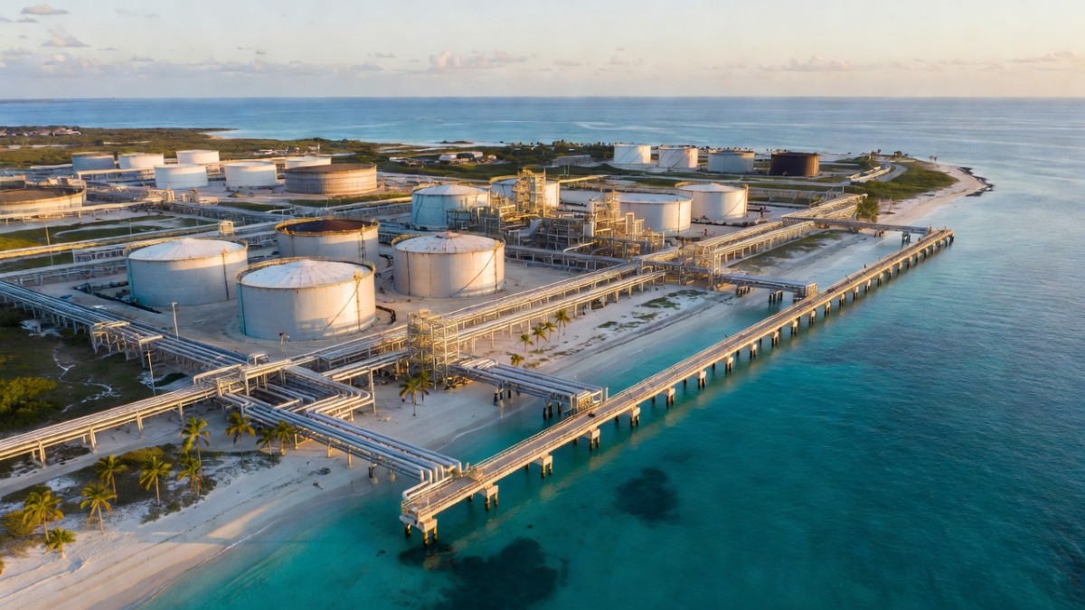 Natural gas infrastructure on a Caribbean coastline