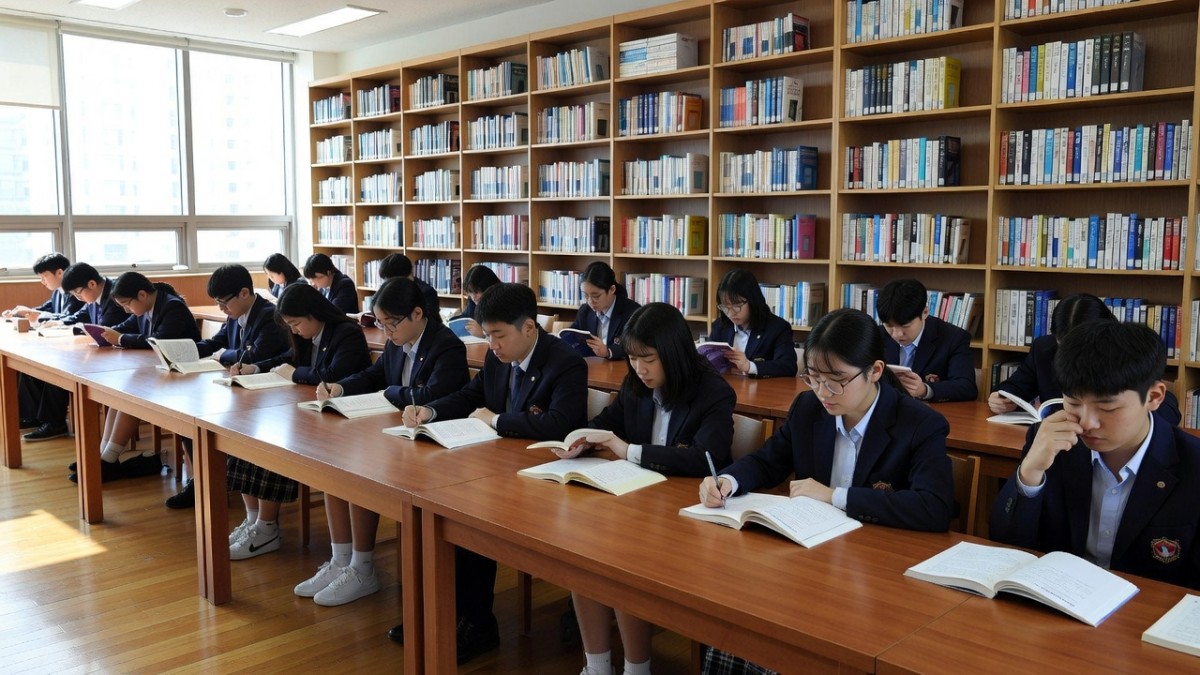 Students reading quietly in a modern South Korean school library reading room
