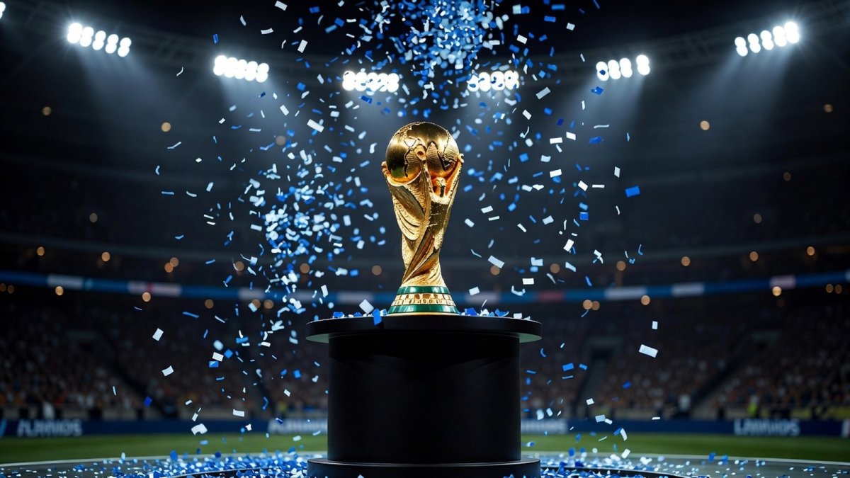 The World Cup trophy amid blue and white confetti