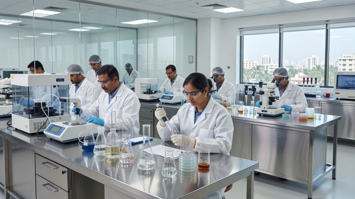 Quality-control laboratory at a Hyderabad pharmaceutical facility where regulated chemicals are manufactured for legitimate use