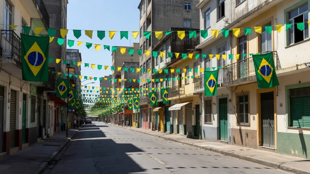 Brazilian flags on a city street ahead of the October election