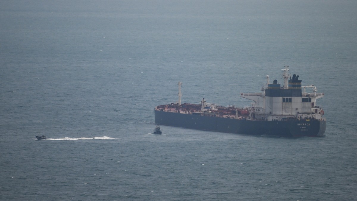 An oil tanker operating as part of Russia's shadow fleet is intercepted by British forces in the English Channel off Portland, England, on June 15, 2026. Photo: Finnbarr Webster/Getty Images via Al Jazeera