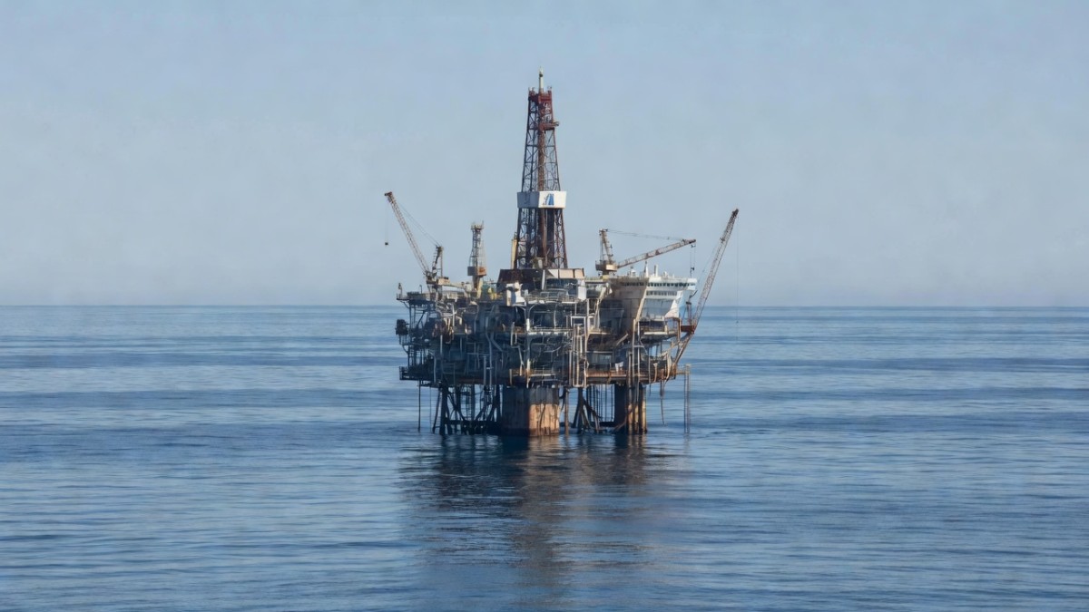 An offshore oil platform in the South Atlantic near the Falkland Islands