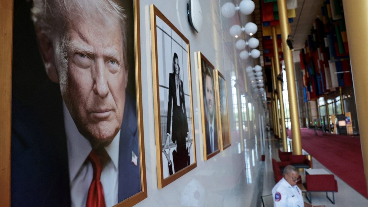 An official portrait of President Donald Trump hangs in the Hall of Nations at the Kennedy Center in Washington on August 26, 2026. Photo: Jonathan Ernst/Reuters