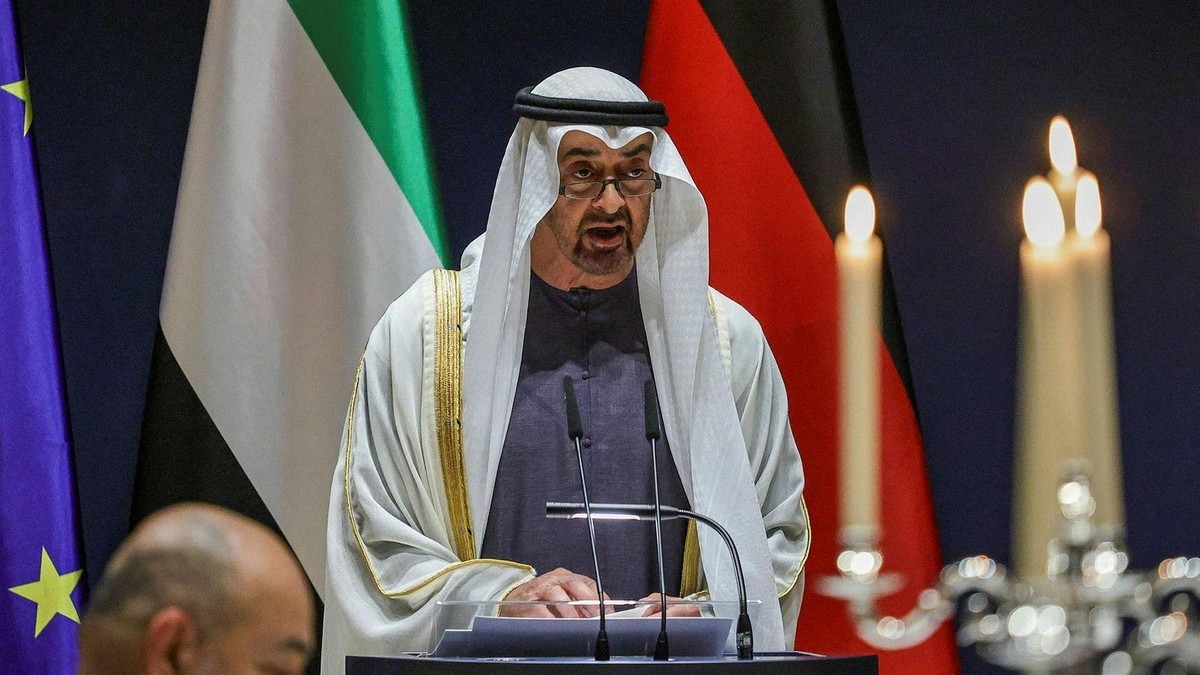 Emirati President Sheikh Mohamed bin Zayed Al Nahyan speaks at a podium. Photo: Reuters via Haaretz