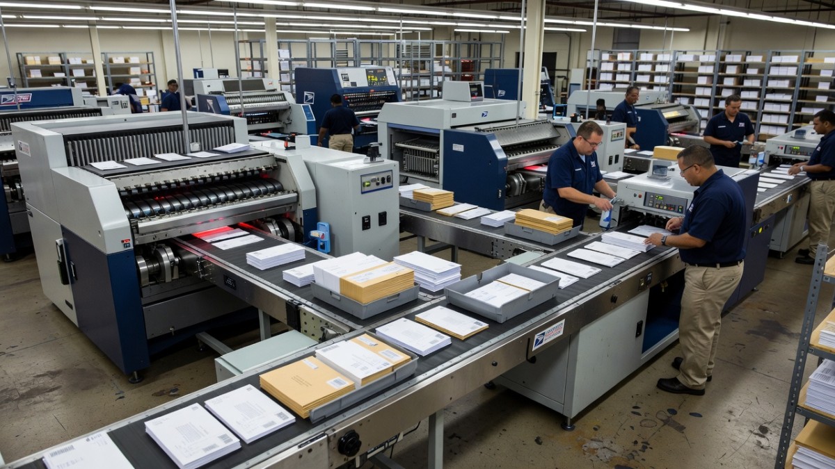 USPS mail processing facility sorting letters and ballots