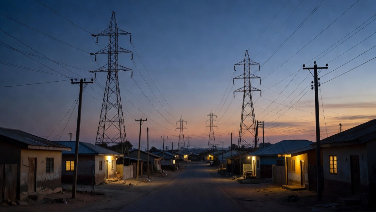 Power lines and homes in a West African city at dusk during the electricity crisis