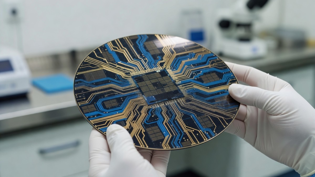 Macro view of a silicon semiconductor wafer with intricate circuit patterns held in a cleanroom