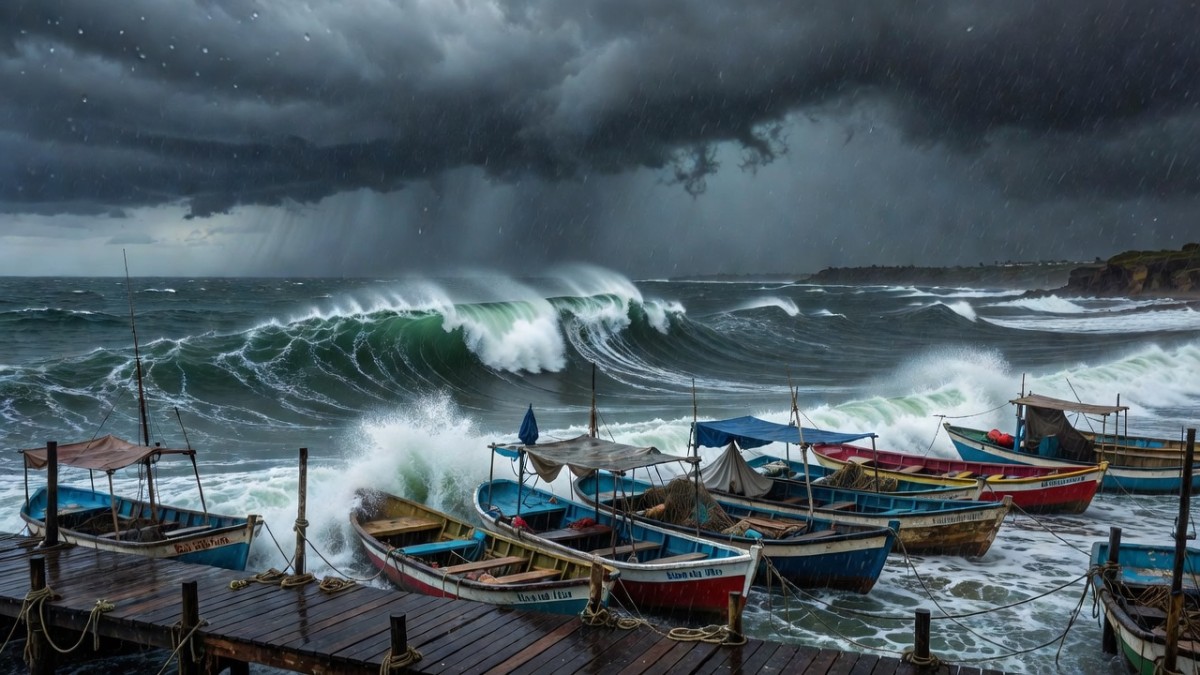 Storm swells and secured fishing boats at a Baja California Sur marina during Hurricane Marie