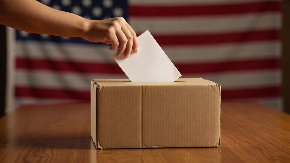 A voter deposits a ballot in the 2026 midterm election cycle, with the American flag in the background.