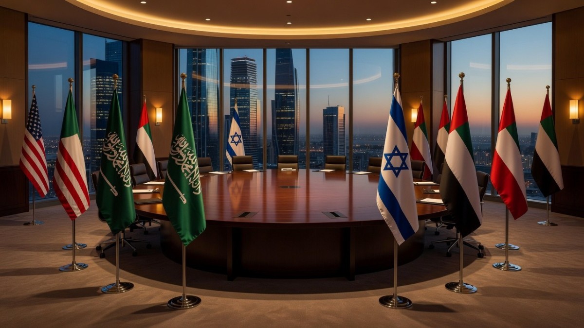 Flags of the United States and Middle East partners at a diplomatic summit table