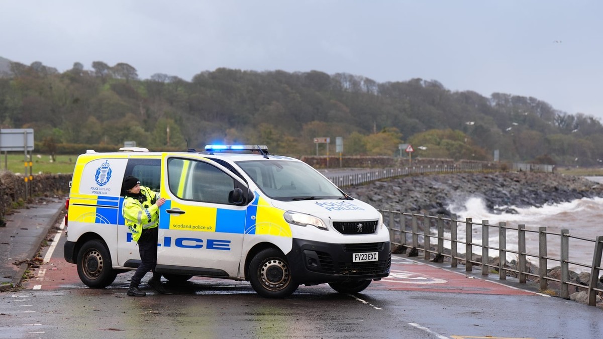 A Police Scotland van at a road closure on the A78 near Skelmorlie after Storm Boelo passed through. Photo: Jane Barlow/PA, via The Guardian