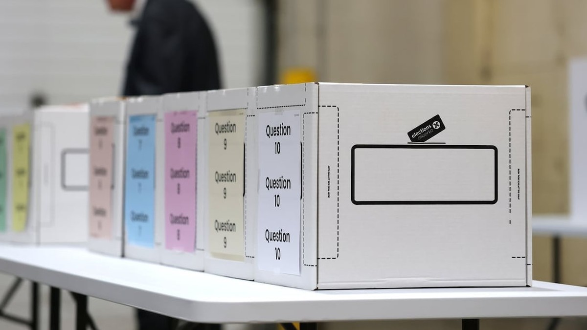 Ballot boxes labelled for each of the ten referendum questions at an Elections Alberta voting station in Edmonton in September 2026. Photo: THE CANADIAN PRESS/James Maclennan