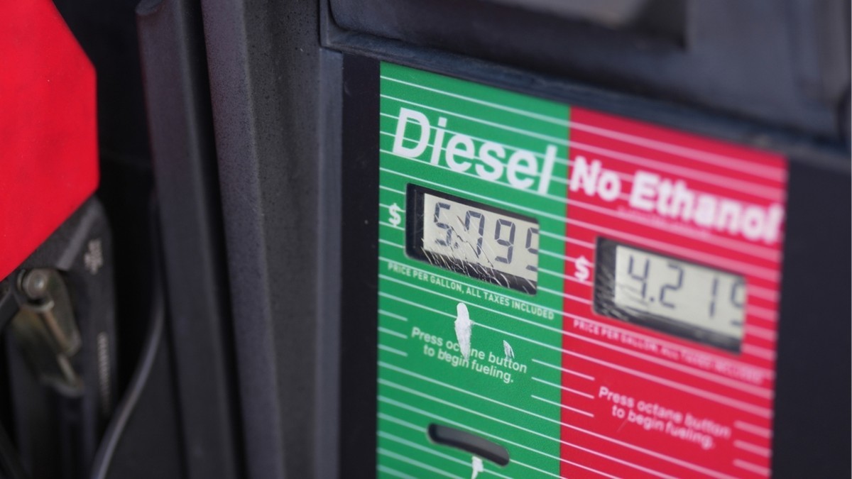 A fuel pump displays the per-gallon price for diesel and for no-ethanol gasoline in the United States. Photo: AP via ABC7 News
