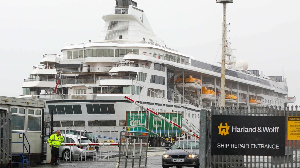 The Villa Vie Odyssey docked at the Harland and Wolff ship repair yard in Belfast in 2024, where its round-the-world voyage began. Photo: AFP via the South China Morning Post