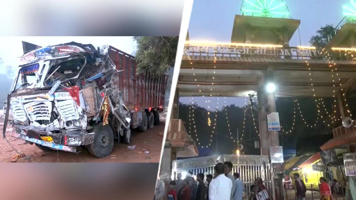 The wrecked truck and the illuminated entrance gateway of the Sheetla Mata temple in Gwalior, where the vehicle crashed through the gate in the early hours of 18 October 2026. Photo: India Today Group